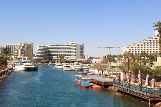 istock Eilat lagoon with hotel resorts and ships, Israel 1200464647
