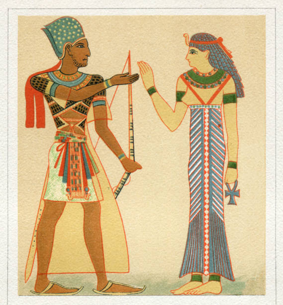 ilustraciones, imágenes clip art, dibujos animados e iconos de stock de faraón y reina egipcia con ropa tradicional - traje de reina egipcia