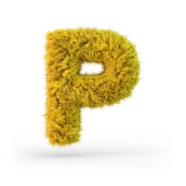 Photo of Capital letter P. Uppercase. Yellow fluffy and furry font. 3D