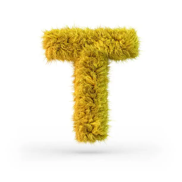 Photo of Capital letter T. Uppercase. Yellow fluffy and furry font. 3D