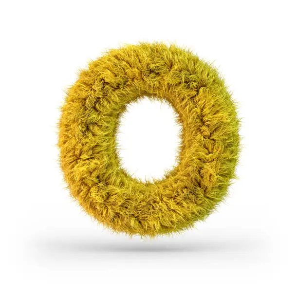 Photo of Capital letter O. Uppercase. Yellow fluffy and furry font. 3D