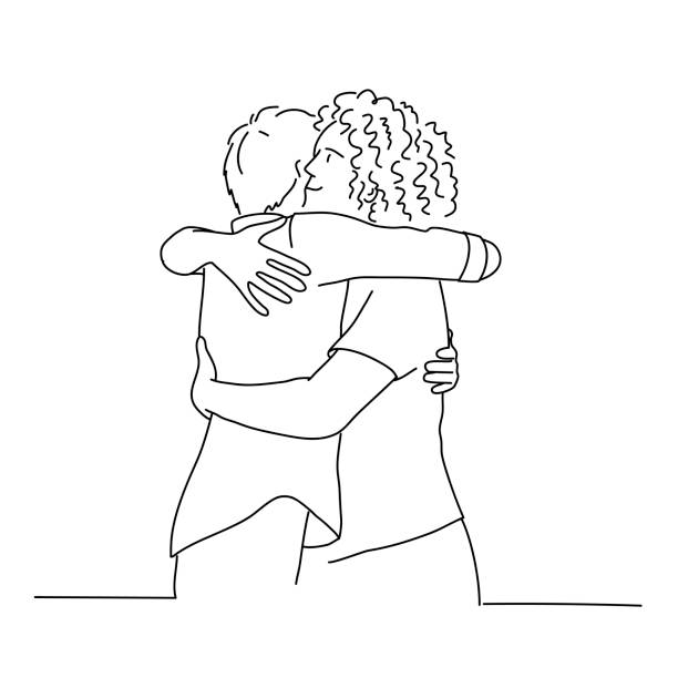 ilustraciones, imágenes clip art, dibujos animados e iconos de stock de dibujo de líneas de hombres abrazados. - abrazo