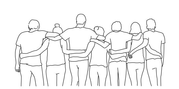 Line drawing of group of happy friends hugging. Line drawing of group of happy friends hugging. Tourism, travel, people, leisure and teenage concept. Vector illustration. embracing illustrations stock illustrations