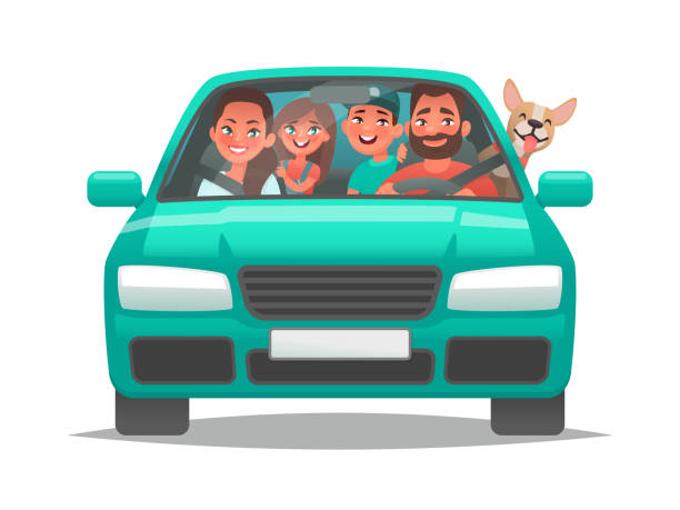 Happy family rides in a car. Dad, mom, children and a dog went on a vacation trip. Vector illustration in cartoon style Happy family rides in a car. Dad, mom, children and a dog went on a vacation trip. Vector illustration in cartoon style family in car stock illustrations