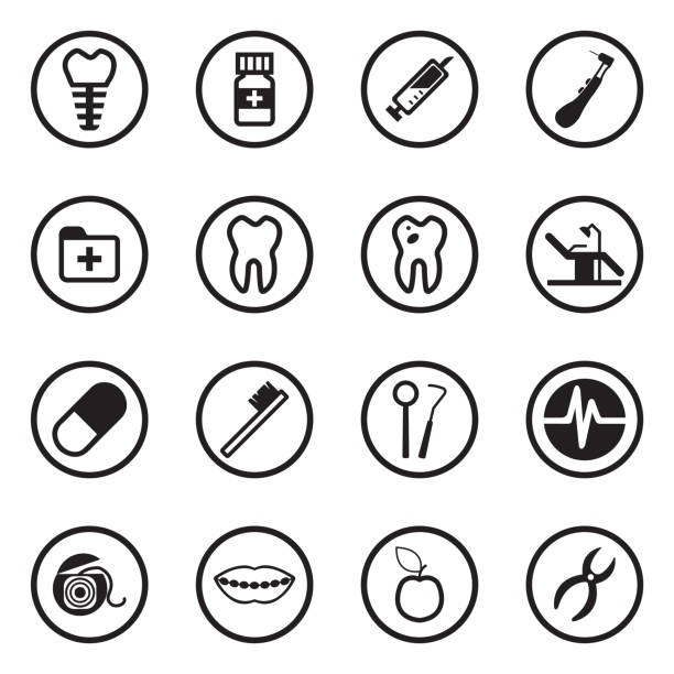 zahnarzt-icons. schwarze flache design im kreis. vektor-illustration. - dental hygiene elegance black toothbrush stock-grafiken, -clipart, -cartoons und -symbole