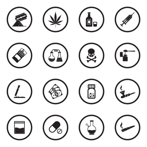 Drugs Icons. Black Flat Design In Circle. Vector Illustration. Marijuana, Lsd, Methamphetamine, Cocaine, Heroin, Addict drug cartel stock illustrations