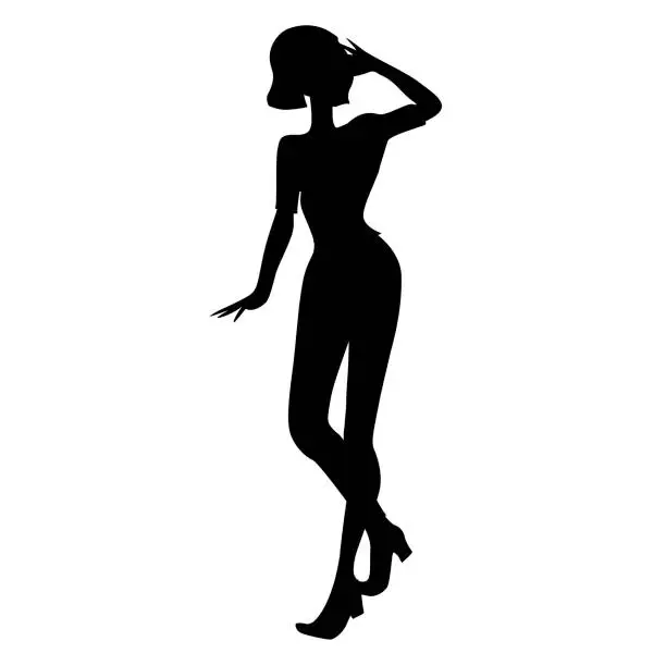 Vector illustration of Black silhouette of stand woman posing. High heel shoes and short hair cut. Female sign Girl figure