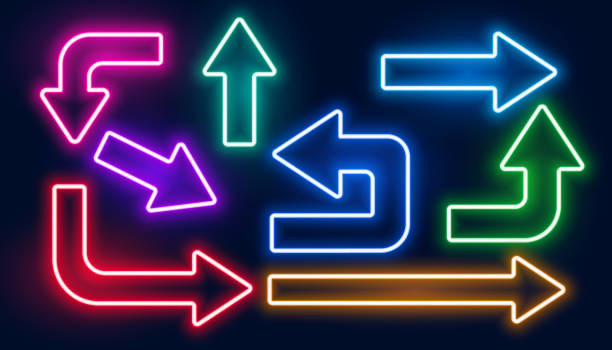 sada neonově zářících barevných šipek design - neonová světla stock ilustrace