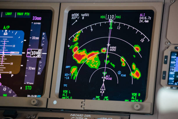 radar meteorológico en la cabina que muestra tormentas eléctricas - cockpit airplane aerospace industry control fotografías e imágenes de stock