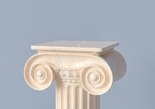 Ancient column pedestal isolated museum piece background, Classical Greek pillar platform,
