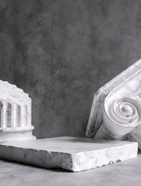istock Ruined ancient column museum piece background, Classical Greek pillar capital art abstract composition, 3d rendering 1200480474
