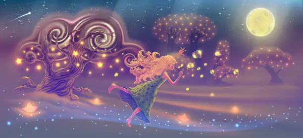 Vector illustration of Fantasy forest landscape with dreaming girl blowing soap bubbles in the sky with magic trees, stars, moon, fairy tale panoramic vector illustration, imaginary world