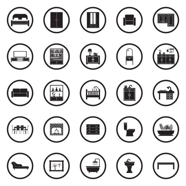 Furniture Icons. Black Flat Design In Circle. Vector Illustration. Bedroom, Kitchen, Living Room, Bathroom, Furniture, Home Equipment single dining chair stock illustrations