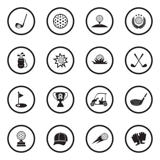 Golf Icons. Black Flat Design In Circle. Vector Illustration. Golf, Field, Ball, Sport, Activity golf icons stock illustrations