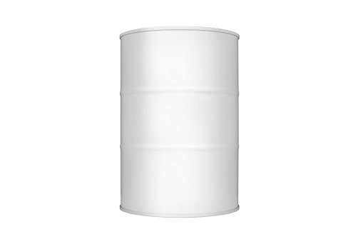 While round metal barrel on white background isolated close up, oil drum, steel keg, tin canister, aluminium cask, petroleum storage packaging, fuel container, gasoline tank, oil production industry