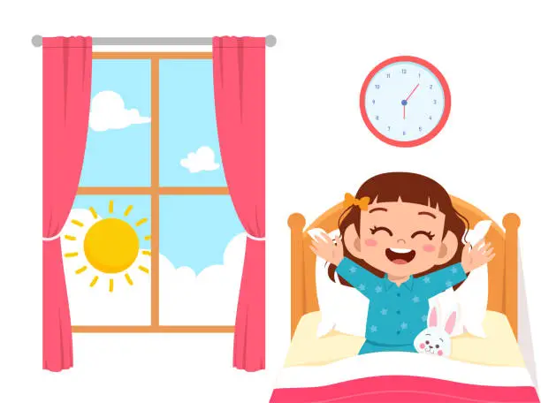 Vector illustration of happy cute little kid girl wake up