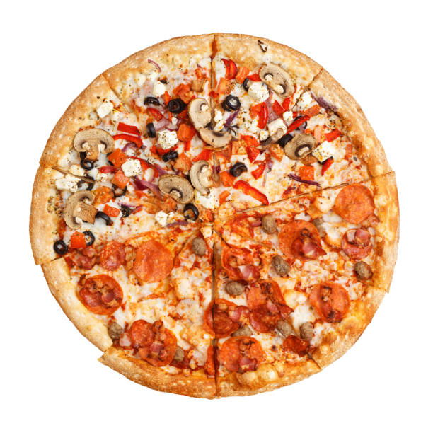 istock Half meat and half vegetable pizza isolated on white. Top view. 1200487332