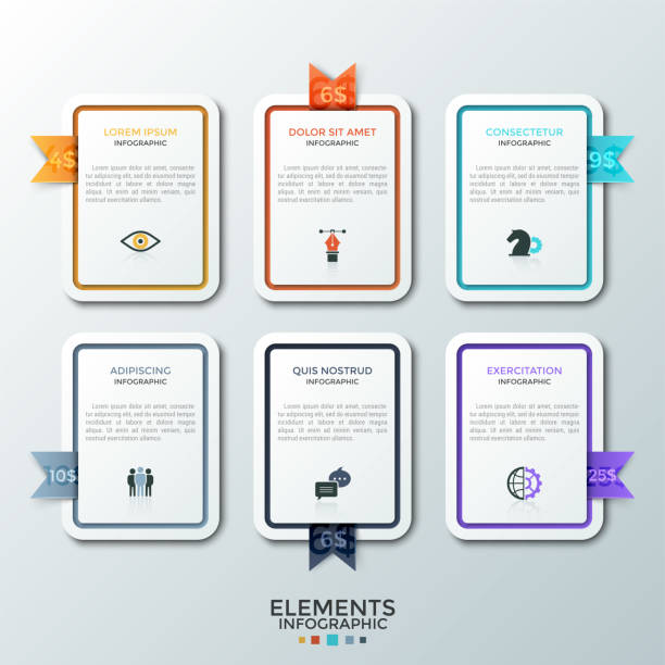 Modern Infographic Template Six paper white rectangular elements or cards with flat icons, place for text inside and colorful price tags. Concept of 6 subscription plans. Modern infographic design template. Vector illustration. 3610 stock illustrations