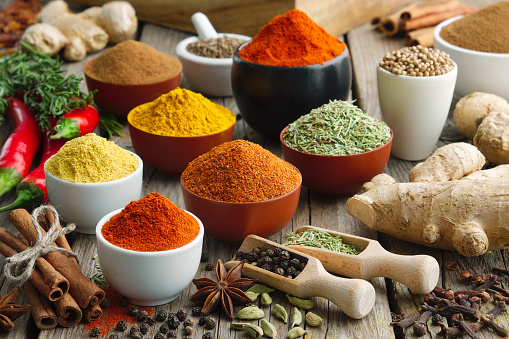 Various aromatic colorful spices and herbs. Ingredients for cooking.
Ayurveda treatments.