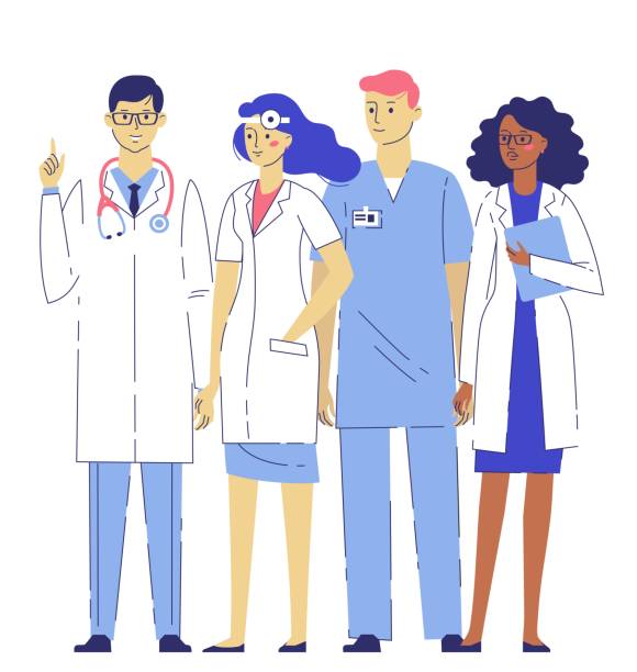 illustrazioni stock, clip art, cartoni animati e icone di tendenza di concetto di team di medicina con diversi medici in stile line art, isolati su sfondo bianco. - doctor healthcare and medicine nurse team