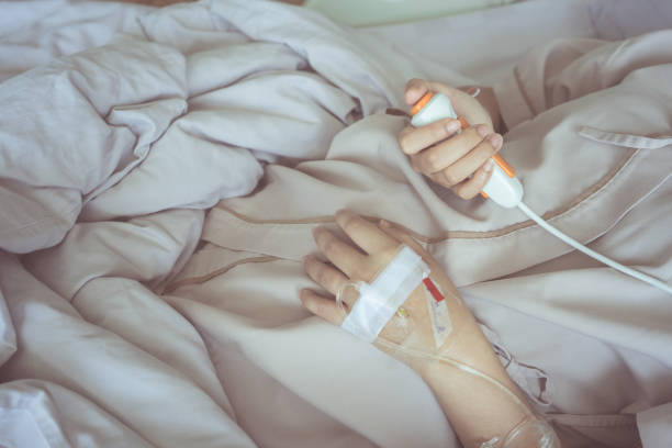 istock Close up patient hand press help button for emergency nurse calling in hospital while she is admit with saline intravenous. Copy Space for label text and advertisement. 1200491042