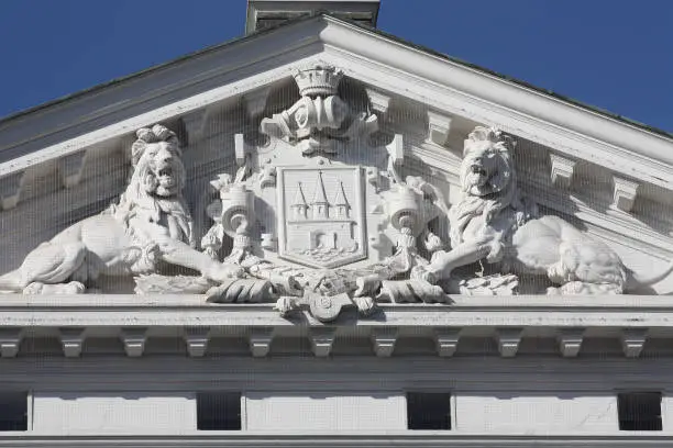 Detail of the facade of the white town hall
