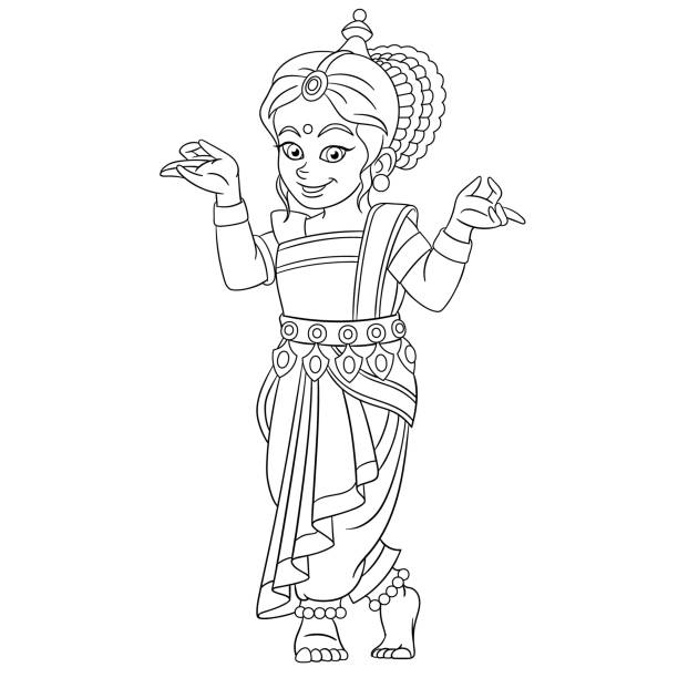 kolorowanka kreskówki indyjski taniec dziewczyna - bharata natyam illustrations stock illustrations