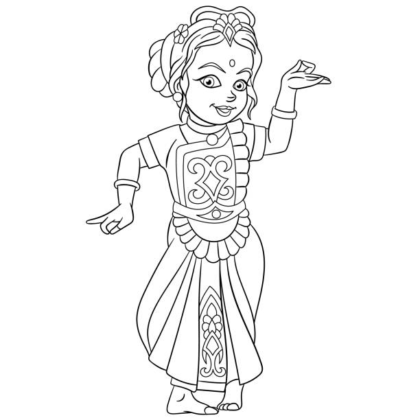 kolorowanka kreskówki indyjski taniec dziewczyna - bharata natyam illustrations stock illustrations