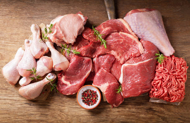 istock various types of fresh meat: pork, beef, turkey and chicken,  top view 1200498592