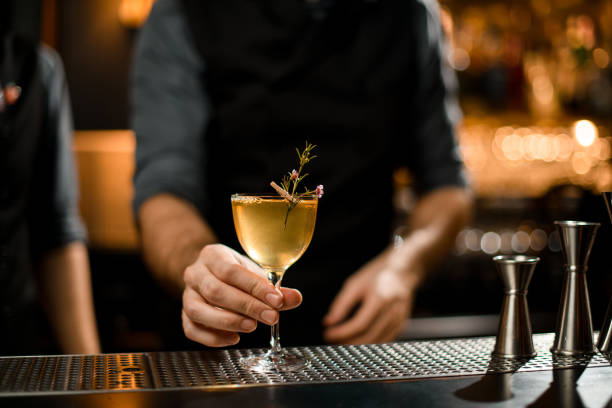 istock Two bartenders and an alcohol cocktail with branch 1200498773