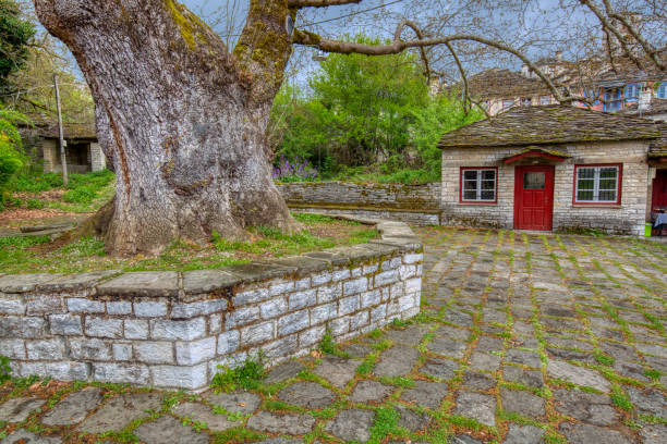 Amazing scenery from the picturesque village of Dilofo with its architectural traditional old buildings located on Tymfi mount, Zagori, Epirus, north Greece, Europe