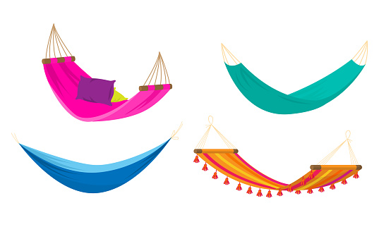 Collection set of four various types of colorful rope hammocks. Beach or outdoor hammock for resting concept. Isolated vector icons set illustration on a white background in cartoon style.