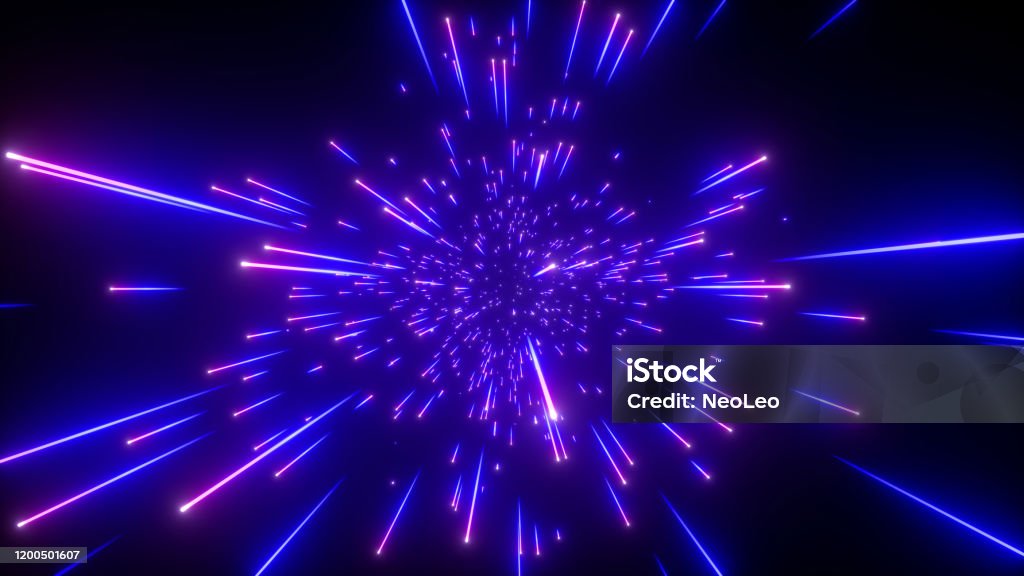 3d render, abstract neon background, blue fireworks sparkling, shooting stars in outer space, fantastic universe, big bang, explosion Photon Stock Photo