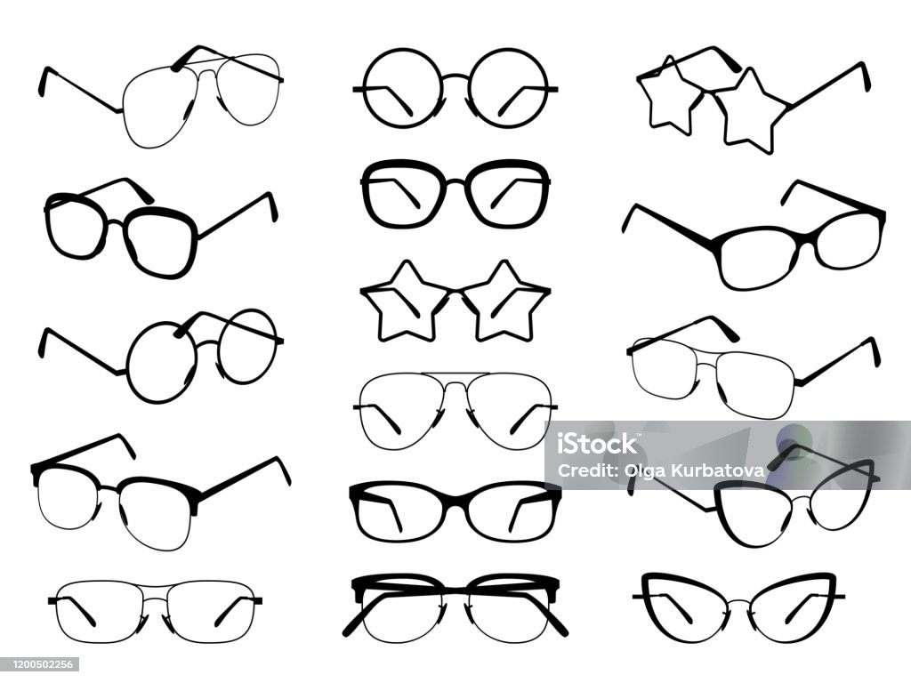 Brille Silhouette. Verschiedene Brillenrahmen für Männer und Frauen modische Sonnenbrillen. Optische Vision Gläser verschiedener Formen Vektor-Set - Lizenzfrei Brille Vektorgrafik