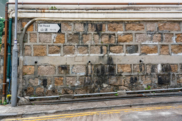 Street walkway with old brick wall in Hong Kong