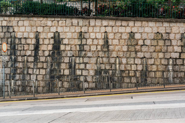 Street walkway with old brick wall in Hong Kong