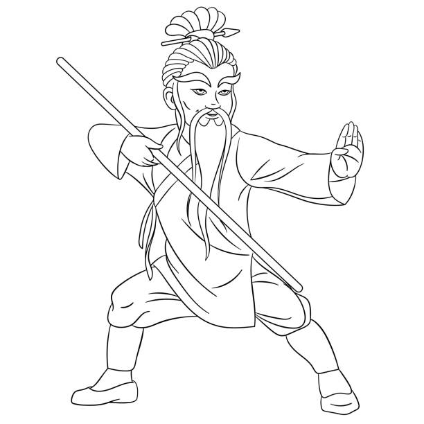 illustrazioni stock, clip art, cartoni animati e icone di tendenza di pagina da colorare del cartone animato shaolin monk fighting - shaolin warrior monk