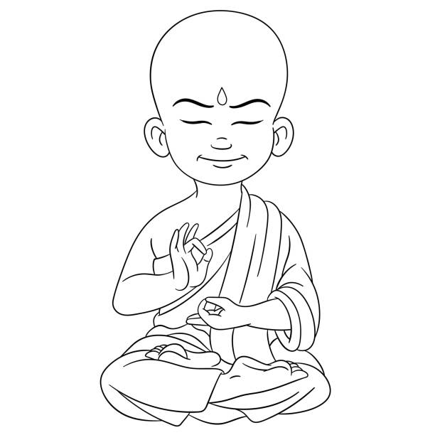 ilustrações de stock, clip art, desenhos animados e ícones de coloring page of cartoon young buddha - spirituality smiling black and white line art