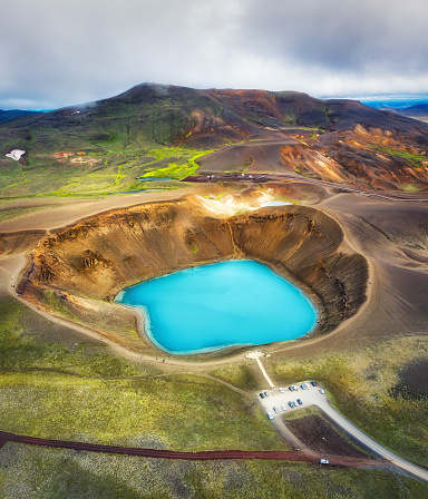 Aerial view on the Iceland. Aerial landscape above lake in the geysers valley. Icelandic landscape from air. Famous place. Travel - image