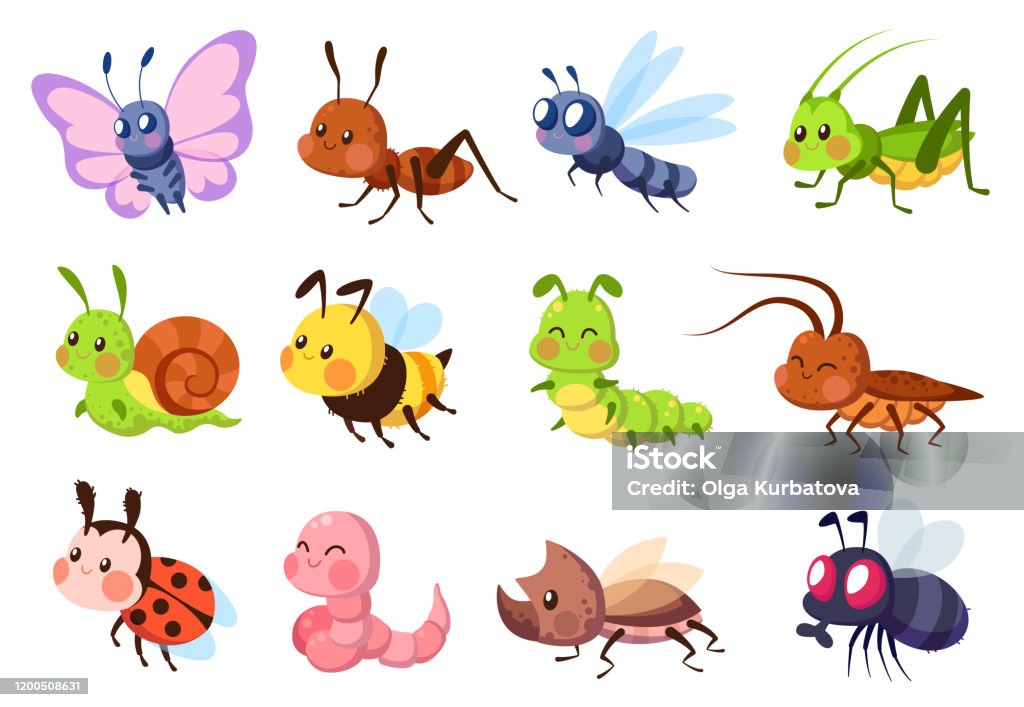 Cute Insects Bugs Creatures Bee And Ladybug Worm Snail And Butterfly  Caterpillar Mantis Dragonfly And Fly Cartoon Vector Set Stock Illustration  - Download Image Now - iStock