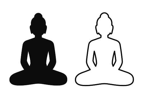 Simple and minimal icon of Buddha statue sitting in lotus pose. Black and white silhouette and line art drawing, isolated vector symbol. Mindfulness and meditation clip art illustration.