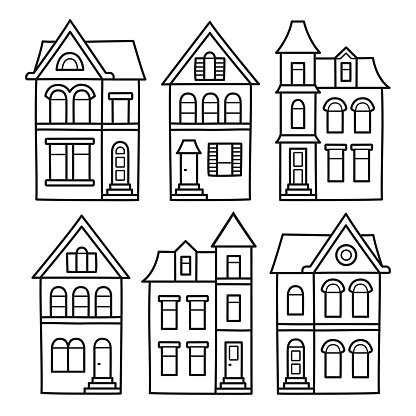 Old Victorian style houses, vector illustration set. Hand drawn architecture contour drawing for coloring pages.