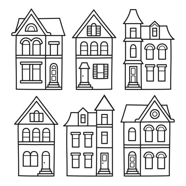 Victorian houses set Old Victorian style houses, vector illustration set. Hand drawn architecture contour drawing for coloring pages. victorian house stock illustrations