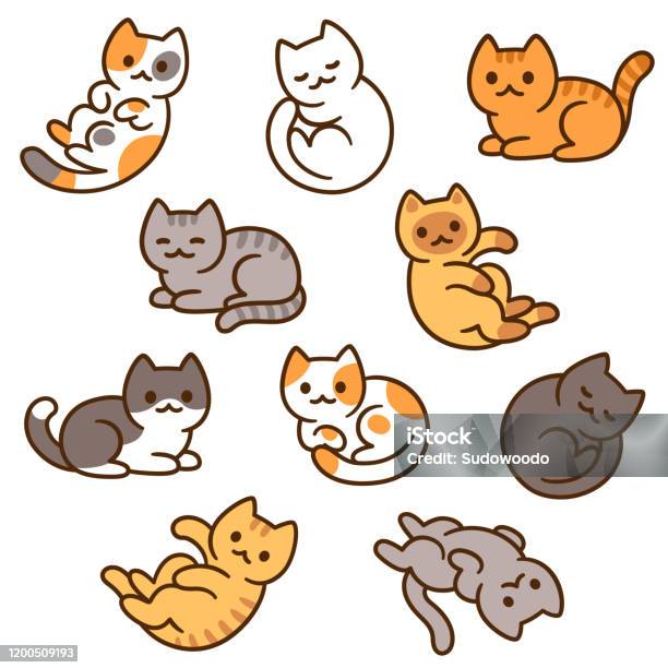 Süße Cartoon Katze Set Stock Vektor Art und mehr Bilder von Hauskatze - Hauskatze, Niedlich, Aufkleber
