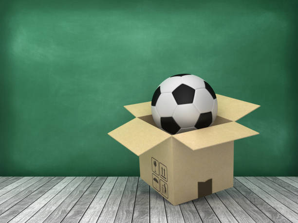 istock Cardboard Box with Soccer Ball - Chalkboard Background - 3D Rendering 1200509957