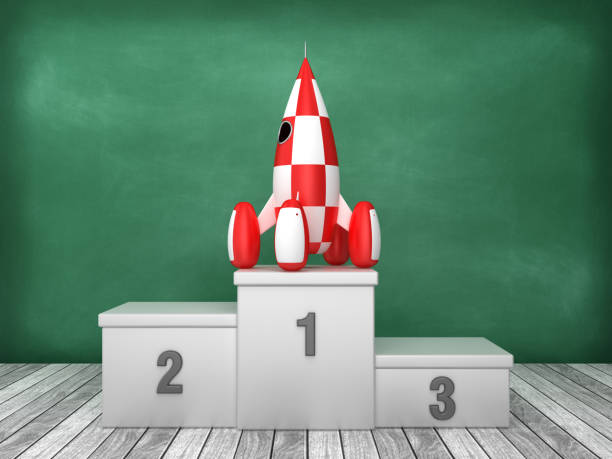 Podium with Rocket on Chalkboard Background - 3D Rendering Podium with Rocket on Chalkboard Background - 3D Rendering rocket launch platform stock pictures, royalty-free photos & images