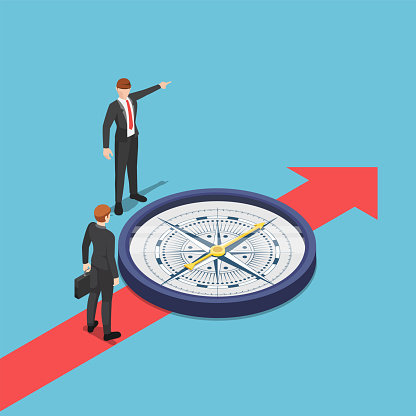 istock Isometric businessman with compass advice his partner to go the right way 1200510401
