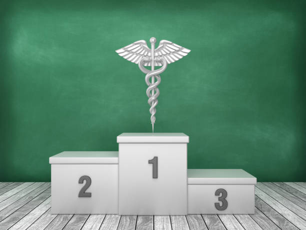 Podium with Caduceus Symbol on Chalkboard Background - 3D Rendering