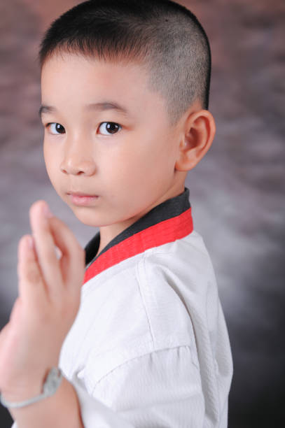 Portrait of young boy doing karate moves