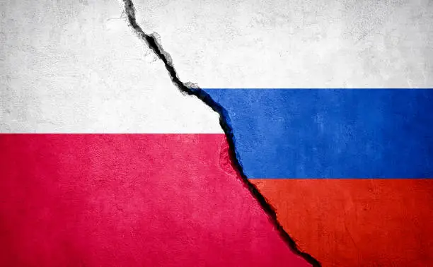 Poland and Russia conflict. Country flags on broken wall. Illustration.